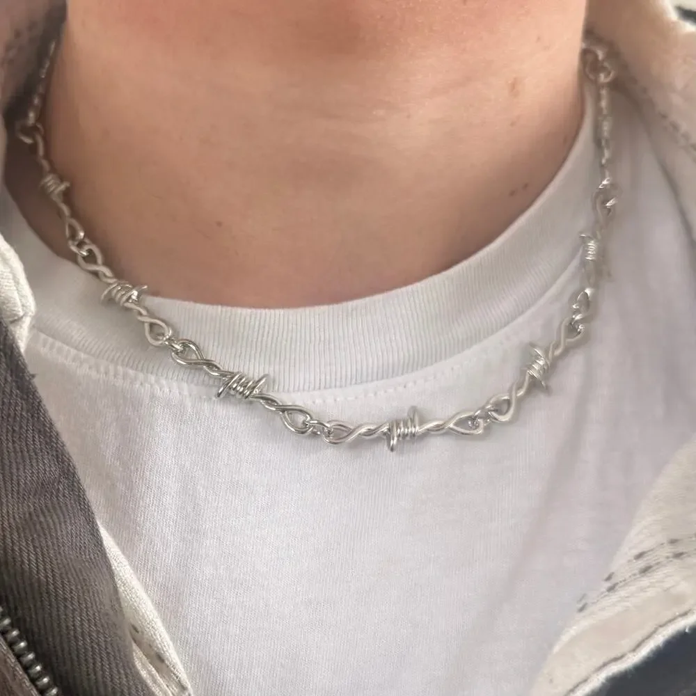 Y2K Grey and Silver Barbed Wire Chain Necklace